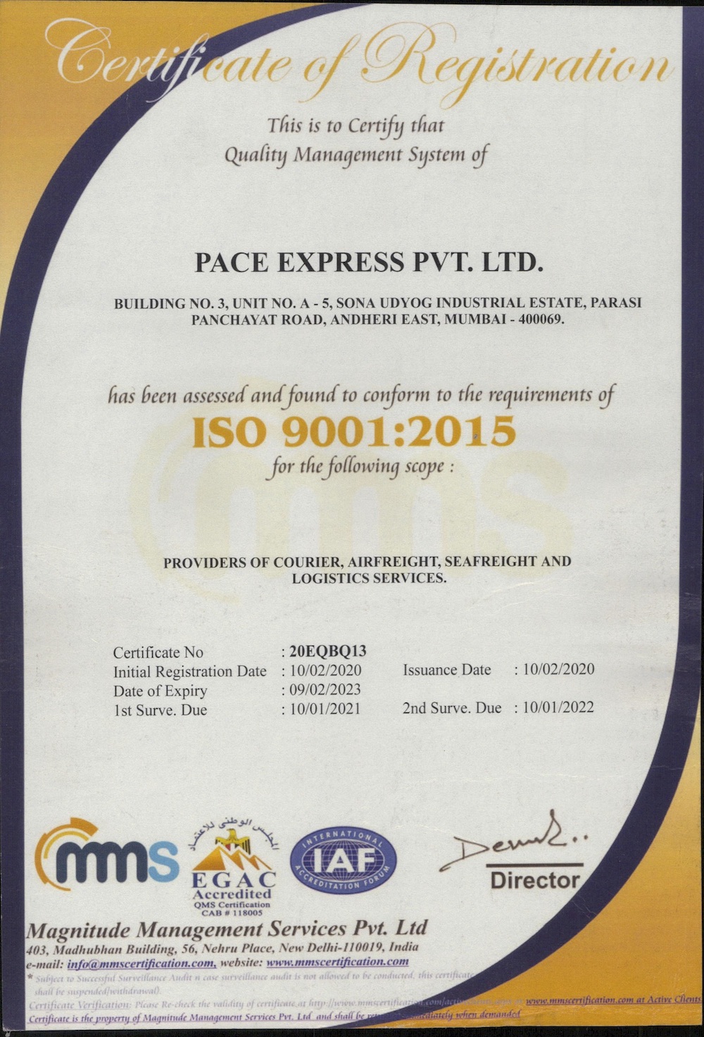 pace express iso certificate